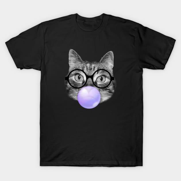 Hipster cat and a purple bubble gum T-Shirt by Purrfect